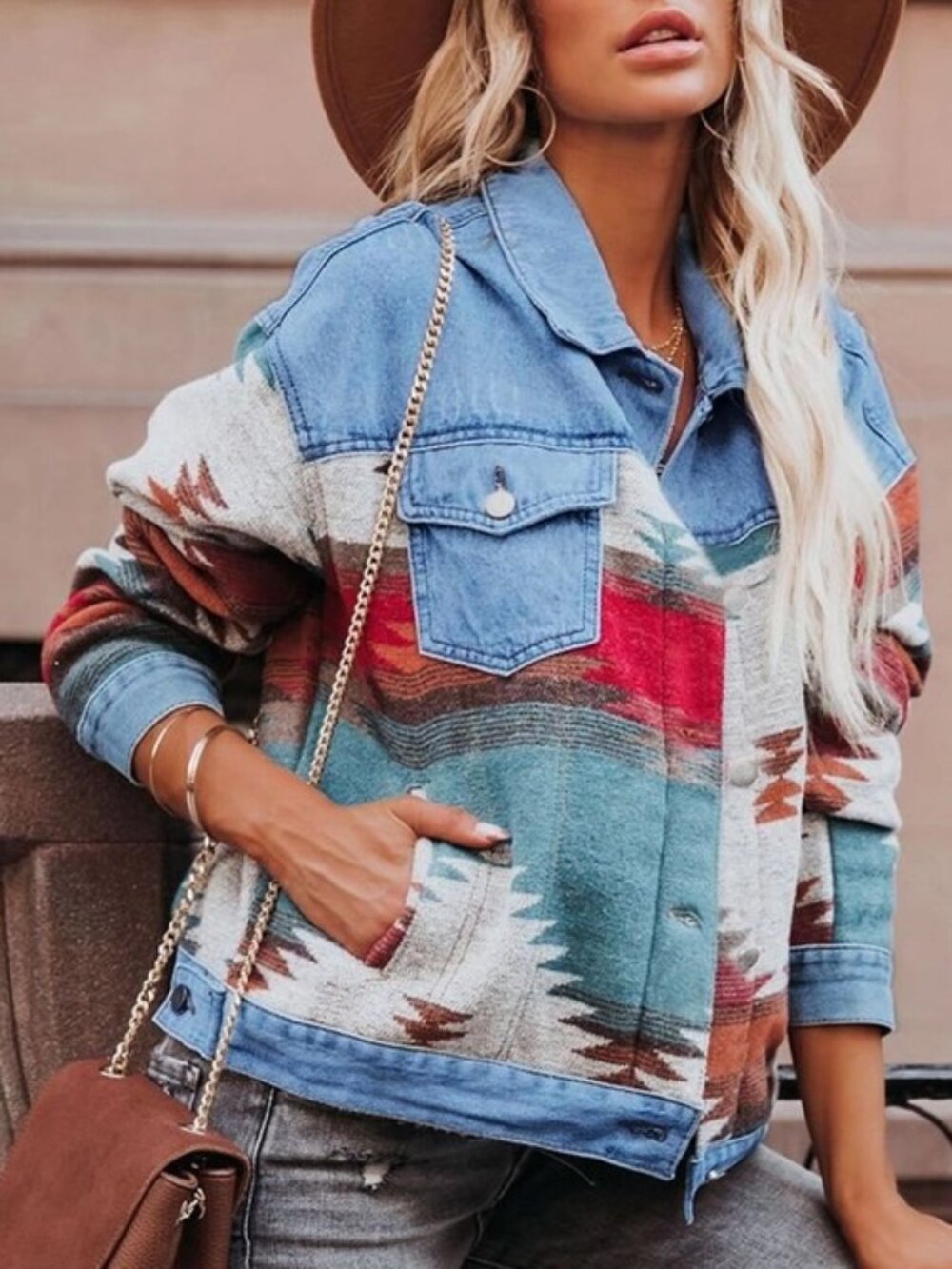 Aztec Patchwork Cropped Denim Jacket - Picture 2 of 6